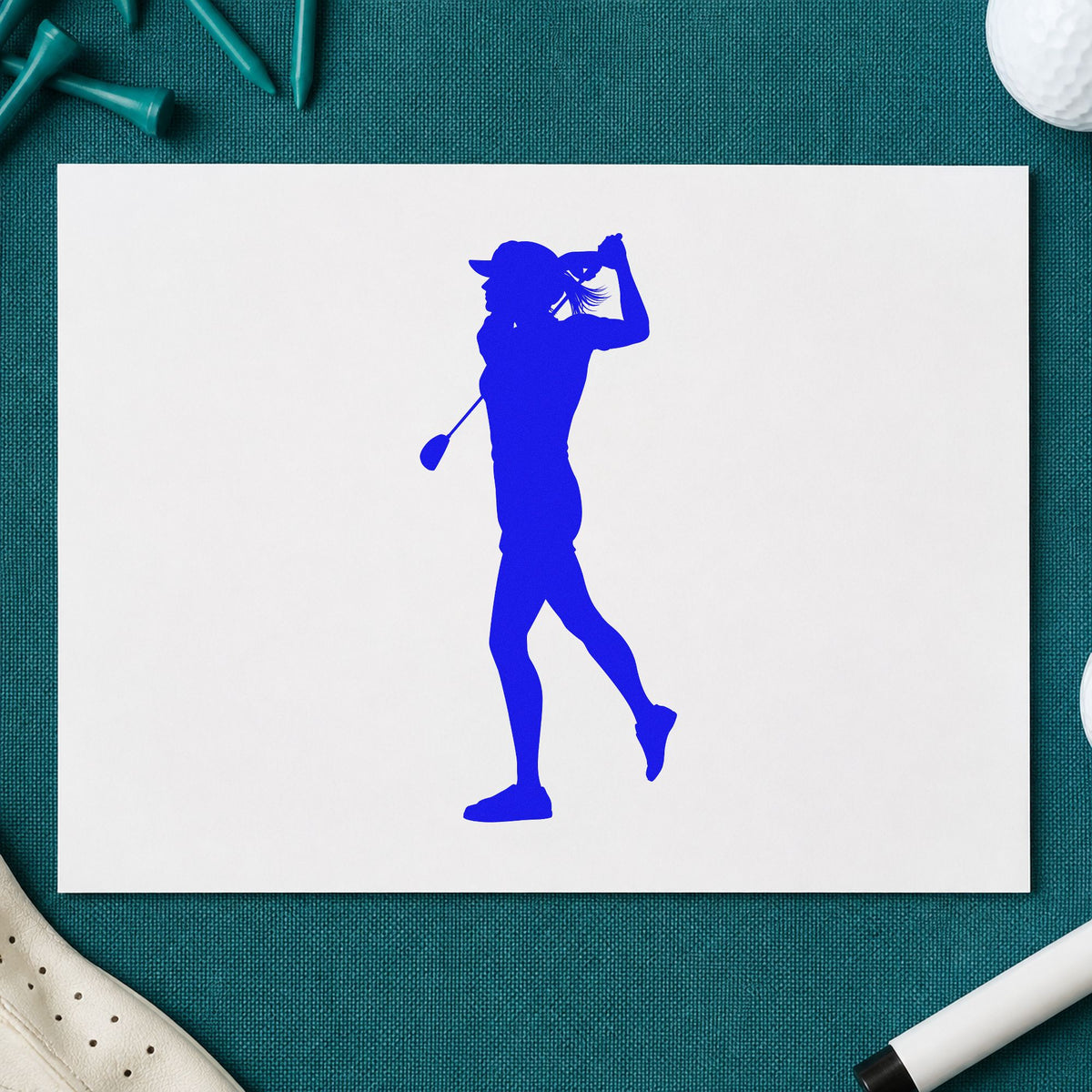 Golfer Follow Through Silhouette craft stamp imprinted in blue ink on paper, a design suited to framed team room.