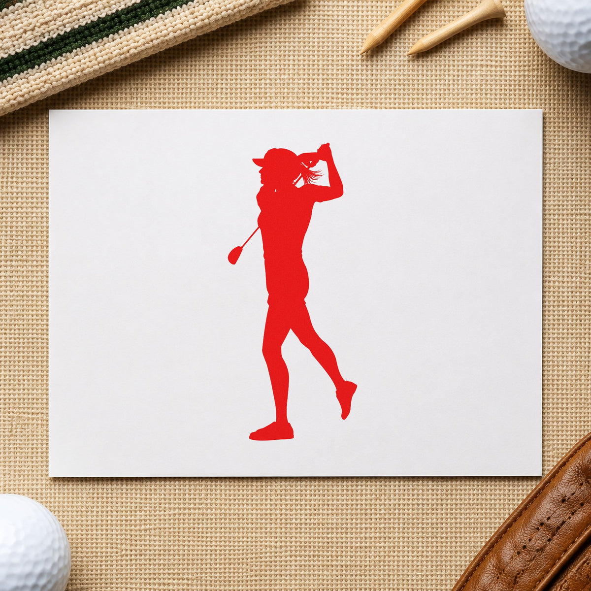 Golfer Follow Through Silhouette rubber stamp shown in red ink, stamped for projects such as bin travel labels.