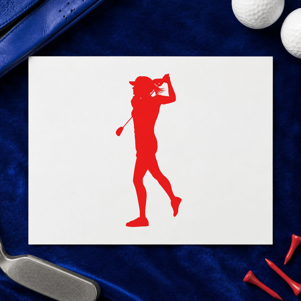 Golfer Follow Through Silhouette craft stamp imprint in red ink on a handmade project, one idea being travel info cards.