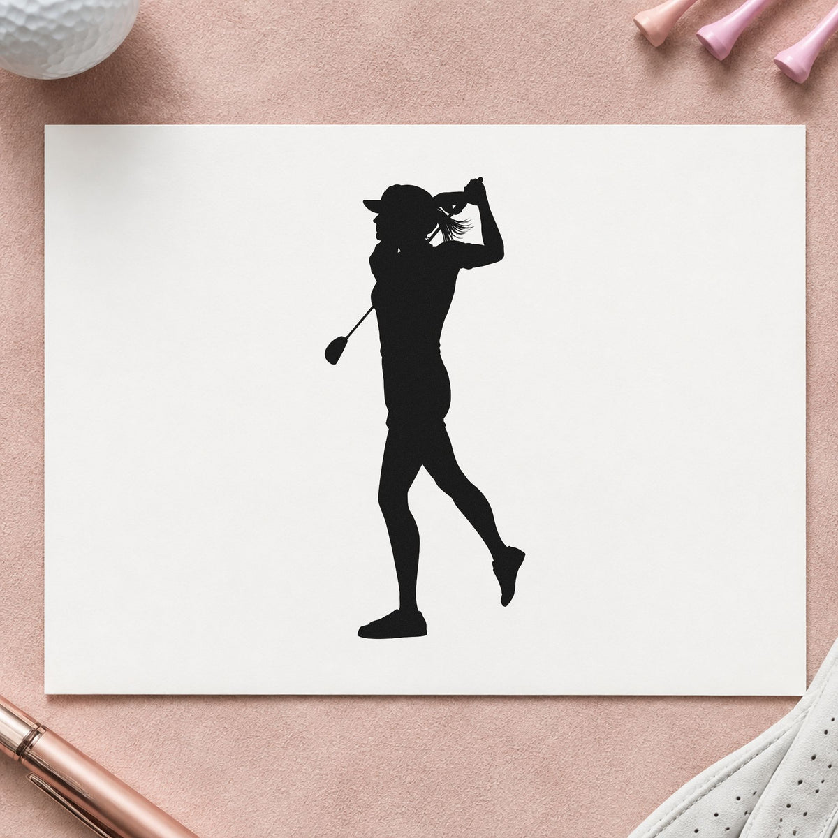 Golfer Follow Through Silhouette rubber stamp printed in black ink, ready for bent leg cards and similar paper crafts.
