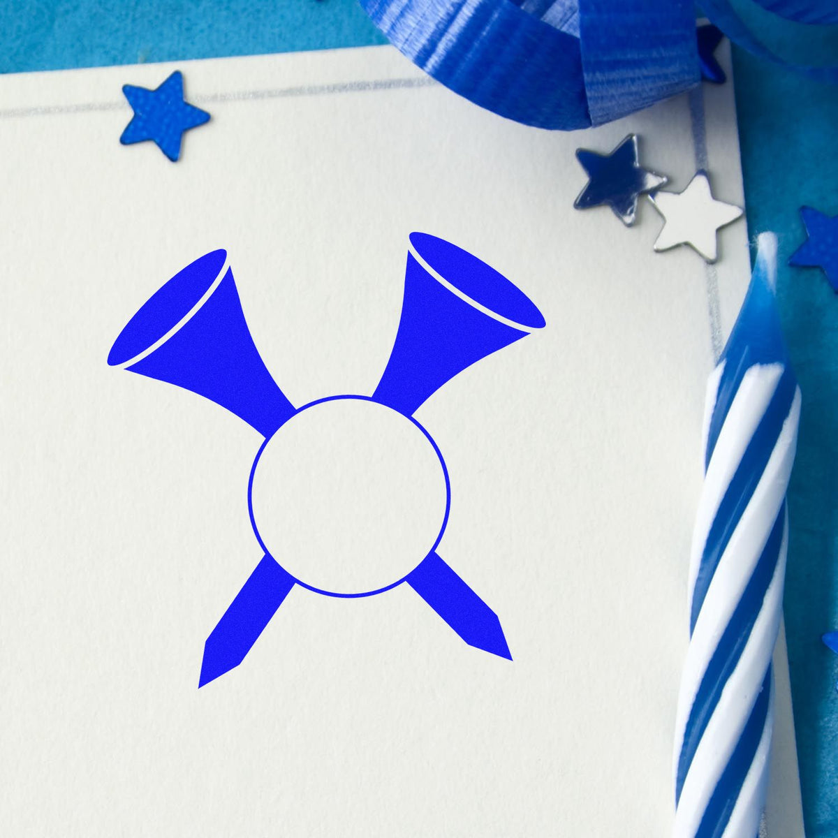 Blue stamp and seal design on white card with star accents and ribbon trim, featuring a circular seal and crossed ribbon shapes.