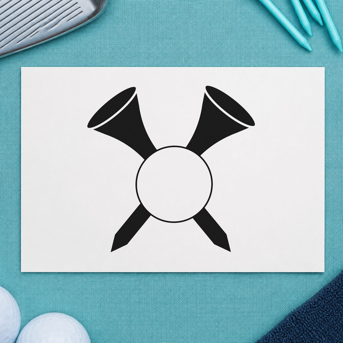 Crossed Golf Tees Ball rubber stamp printed in black ink, ready for run count sheet and similar paper crafts.