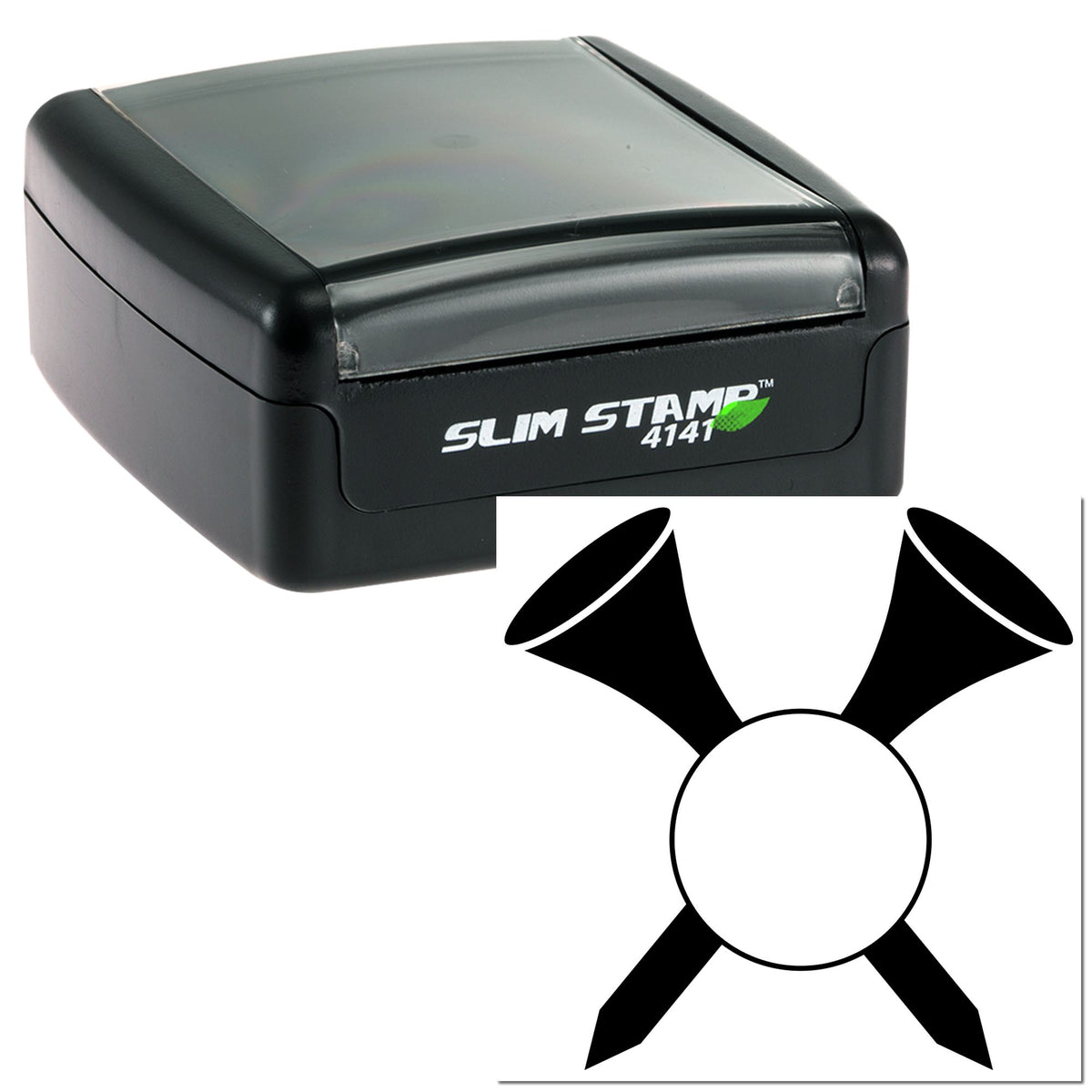 Black Slim Stamp 4141 self-inking stamp with white circular seal design on a white background.