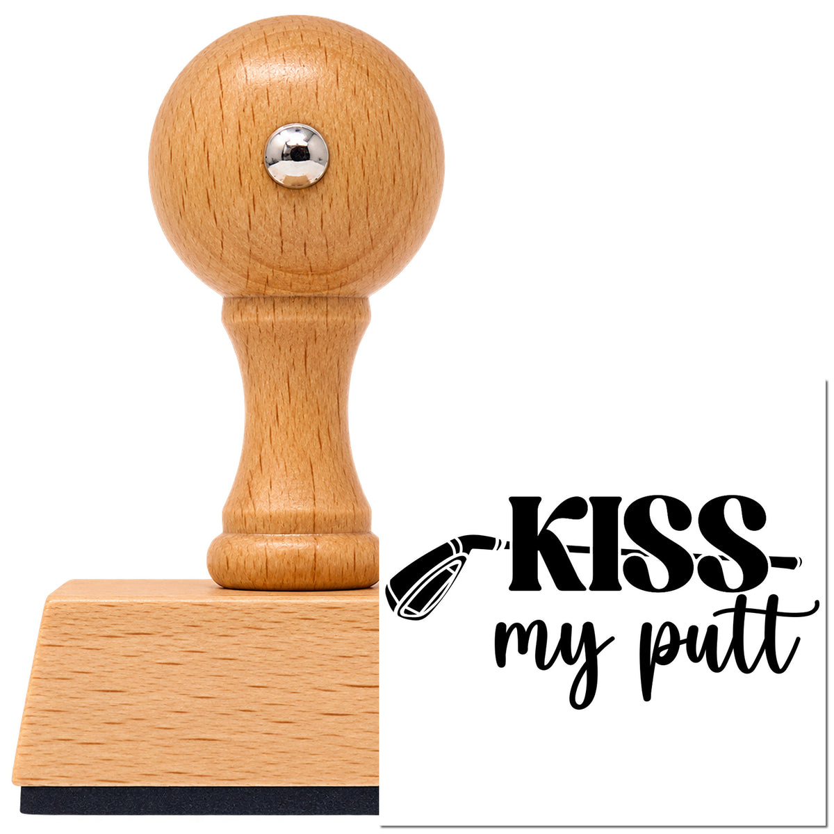 Vintage Pro beech wood stamp with a round knob handle, shown with its black Kiss My Putt Club imprint on white.