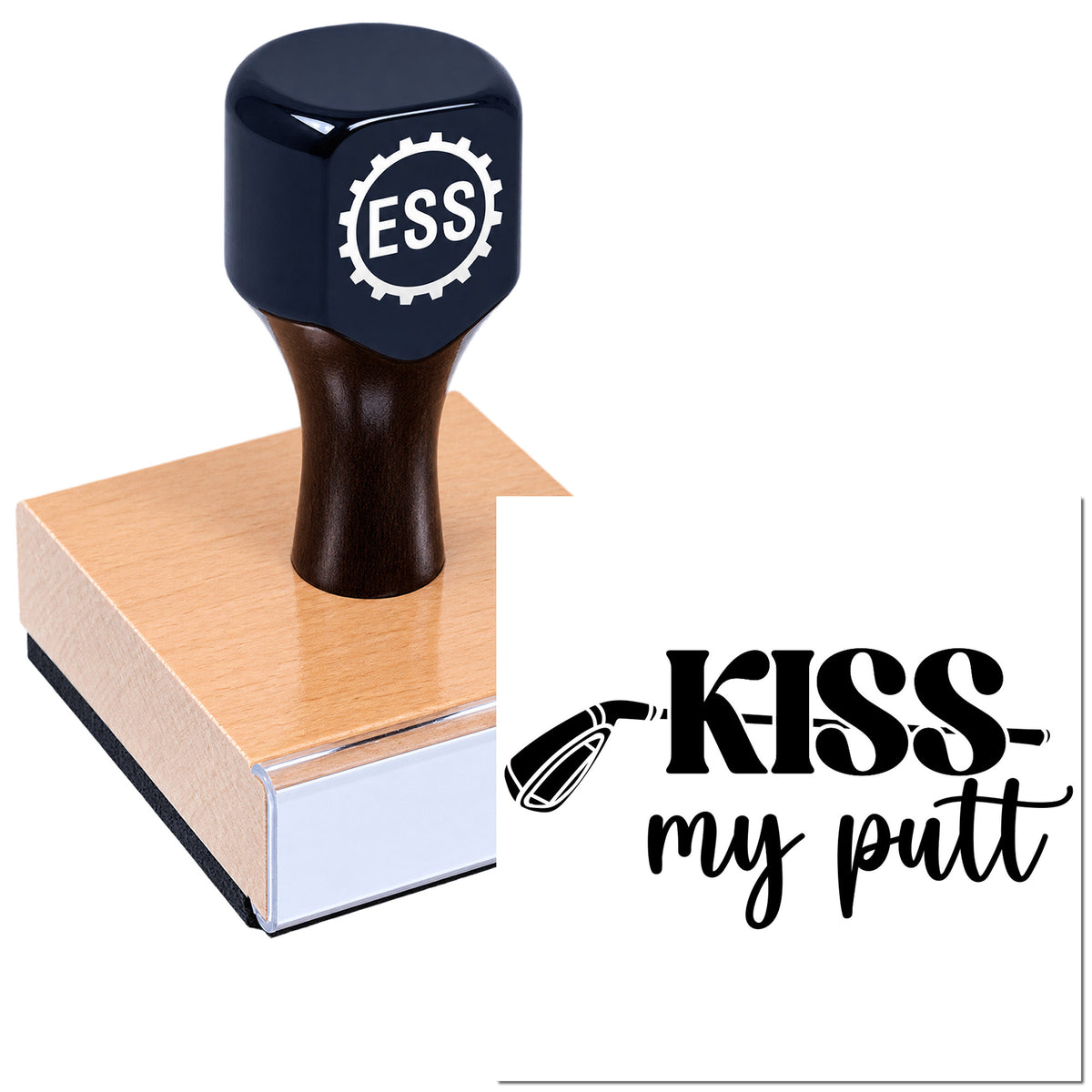 Dark navy custom rubber stamp and seal on a wood block, with ESS logo and black "Kiss my butt" design.