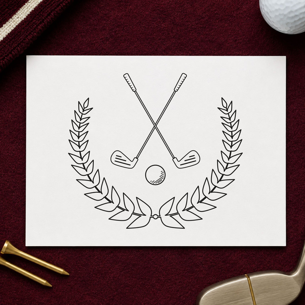 Crossed Clubs Leafy Laurel rubber stamp printed in black ink, ready for format plan sheet and similar paper crafts.