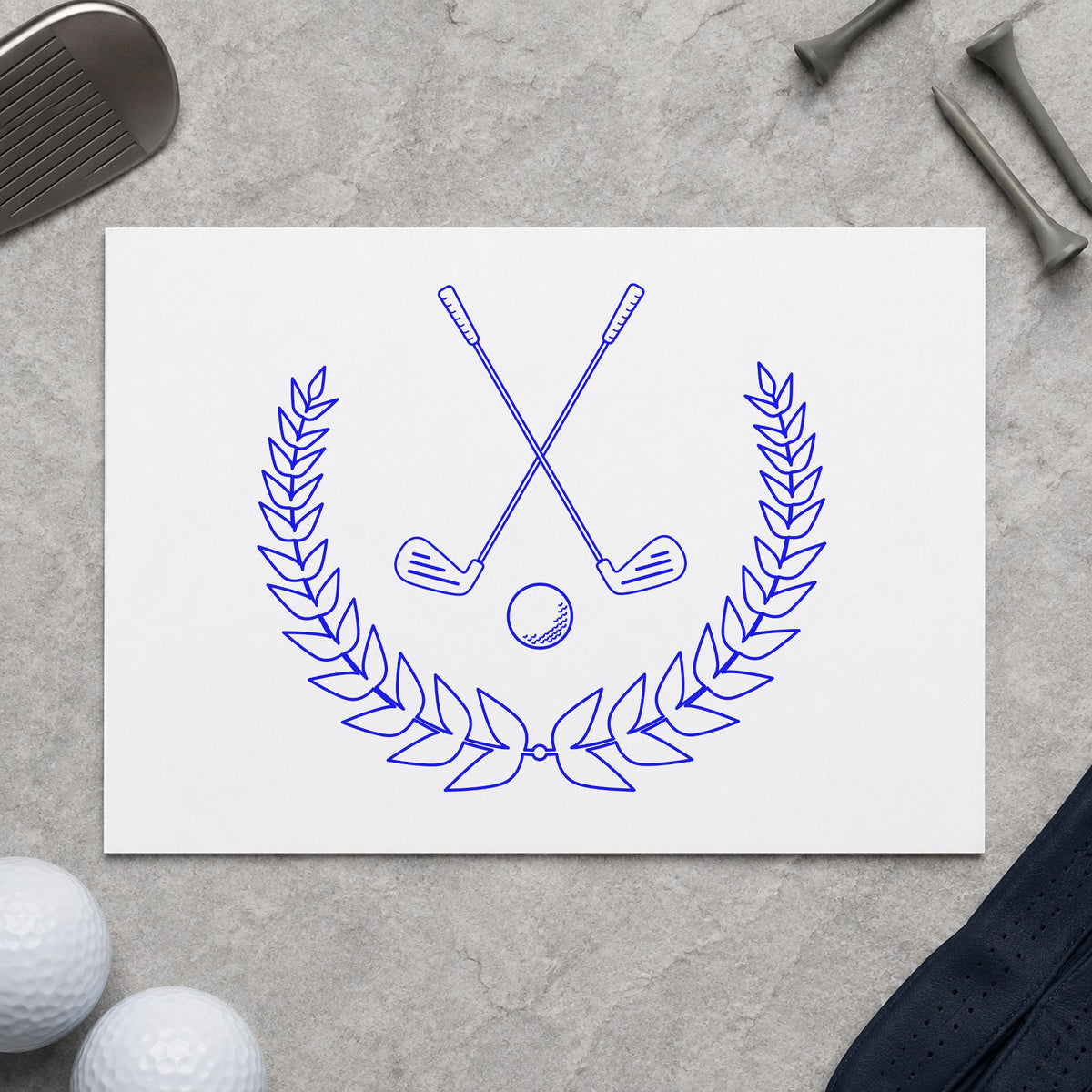 Crossed Clubs Leafy Laurel craft stamp in blue ink on cardstock, an easy option for welcome towel printing.