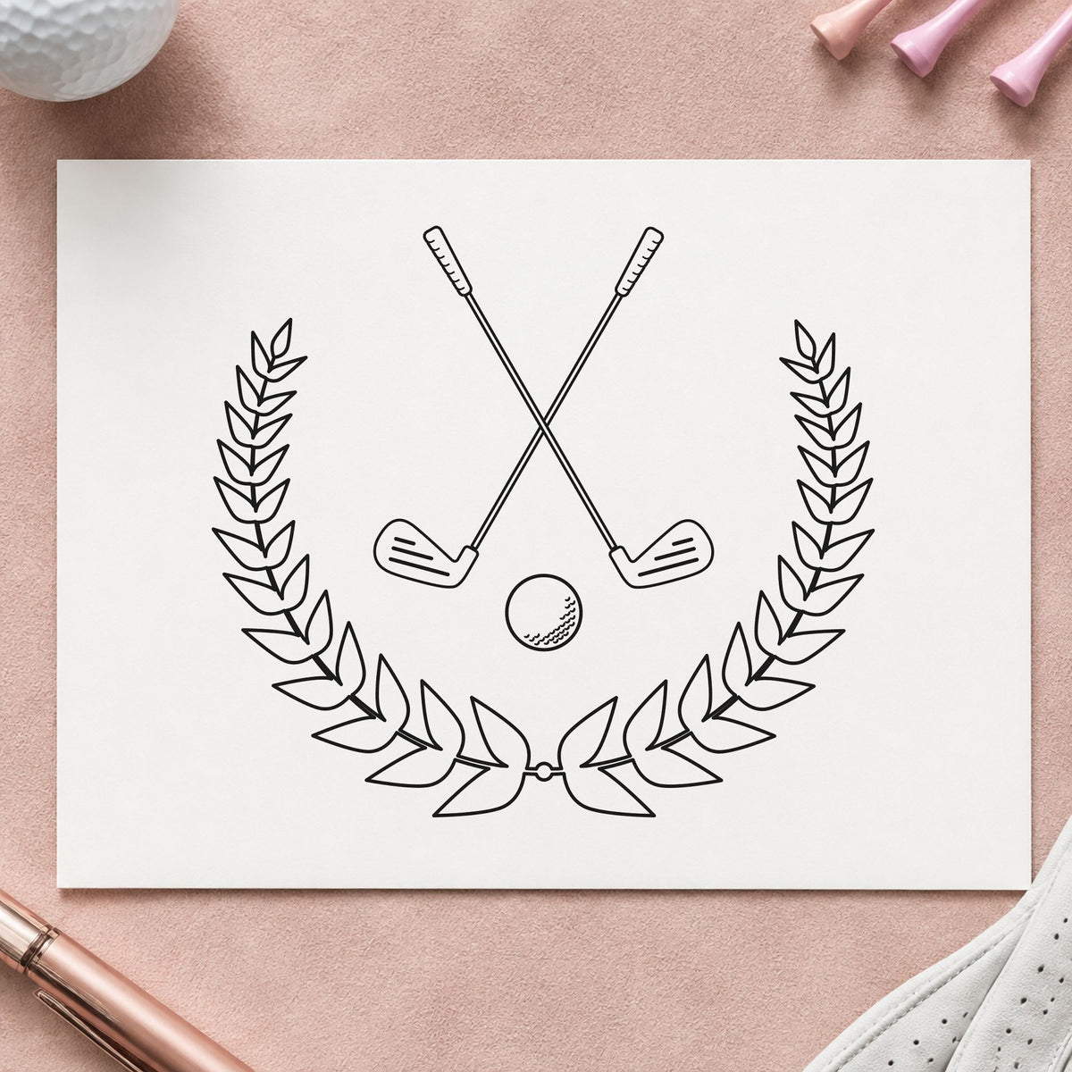 Crossed Clubs Leafy Laurel rubber stamp printed in black ink, ready for leafy wreath cards and similar paper crafts.