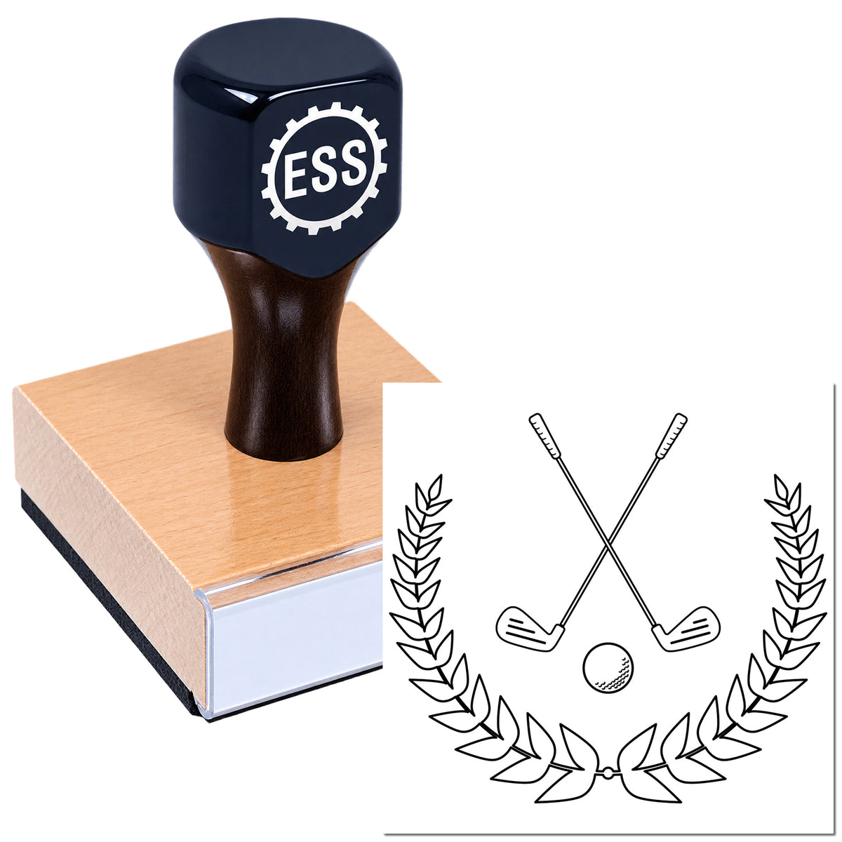 Dark blue custom stamp and seal on wooden block, featuring crossed golf clubs, ball, and laurel crest.
