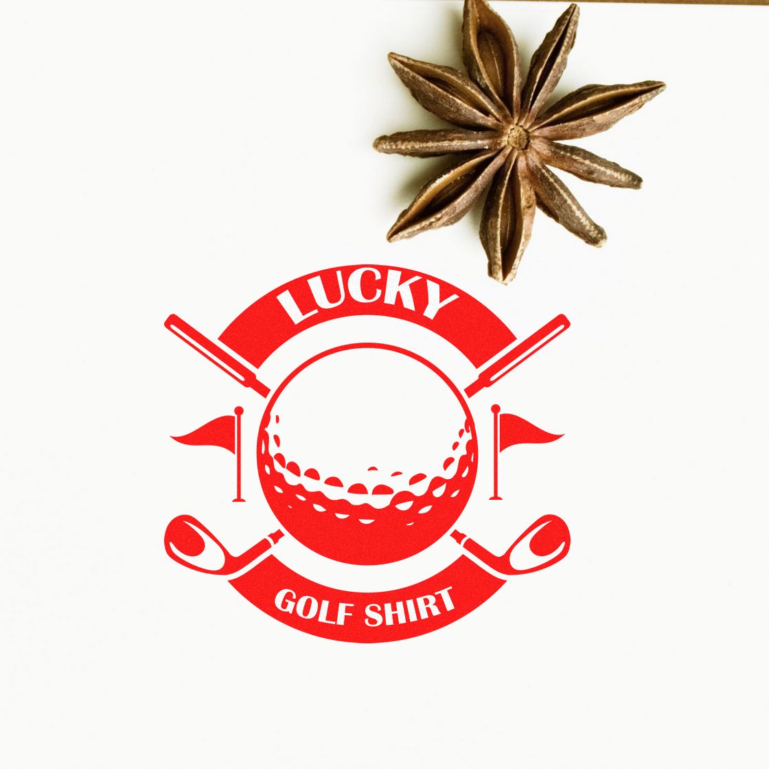 Red golf shirt stamp seal with golf ball, clubs and flags, plus a brown star anise spice.