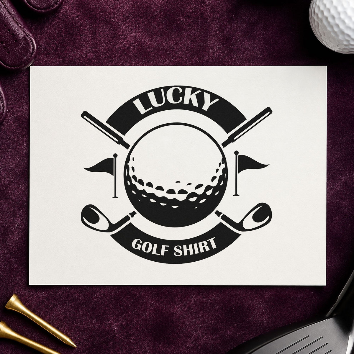 Lucky Golf Shirt Badge craft stamp imprint in black ink on a handmade project, one idea being lucky ball gift tags.