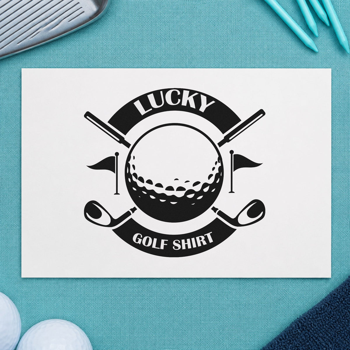 Lucky Golf Shirt Badge rubber stamp printed in black ink, ready for round log sheet and similar paper crafts.