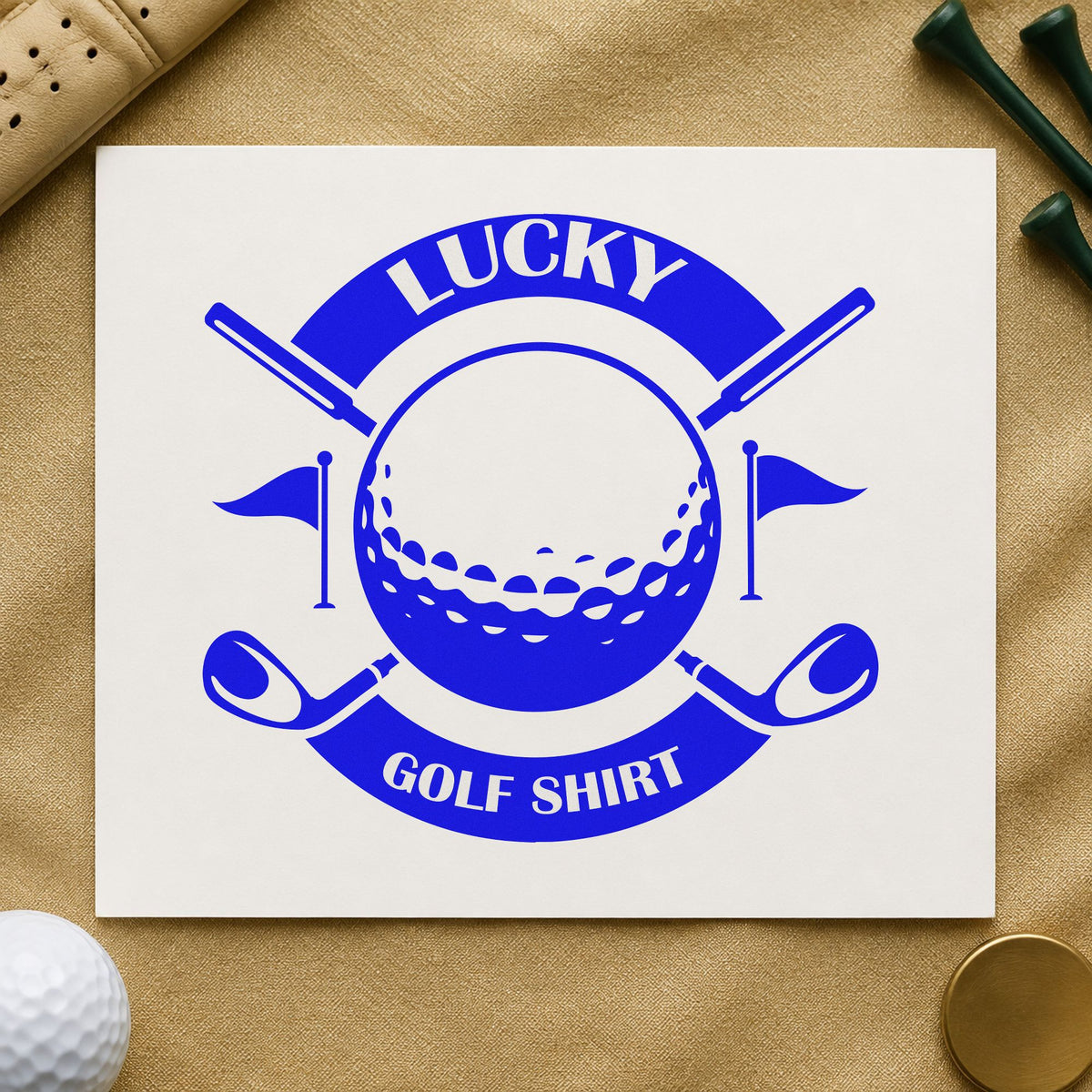 Lucky Golf Shirt Badge craft stamp in blue ink on cardstock, an easy option for shirt panel printing.