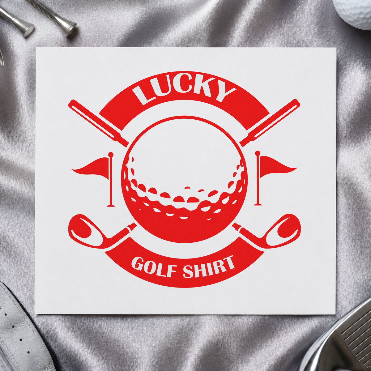 Lucky Golf Shirt Badge rubber stamp shown in red ink, stamped for projects such as bin lucky labels.