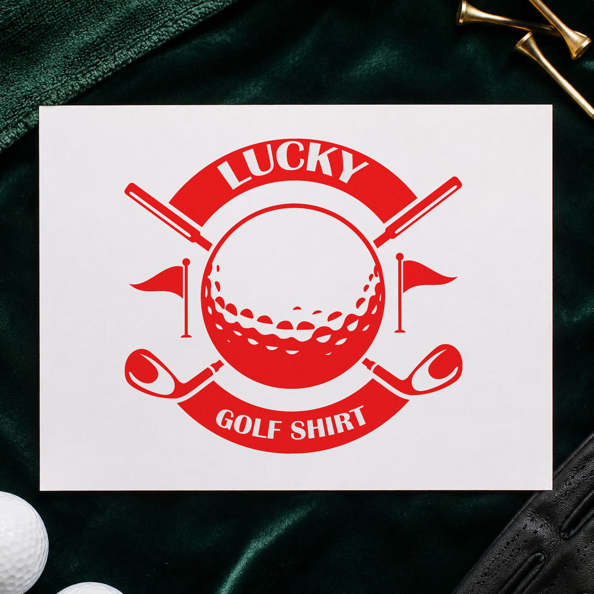 Lucky Golf Shirt Badge craft stamp imprint in red ink on a handmade project, one idea being routine note cards.