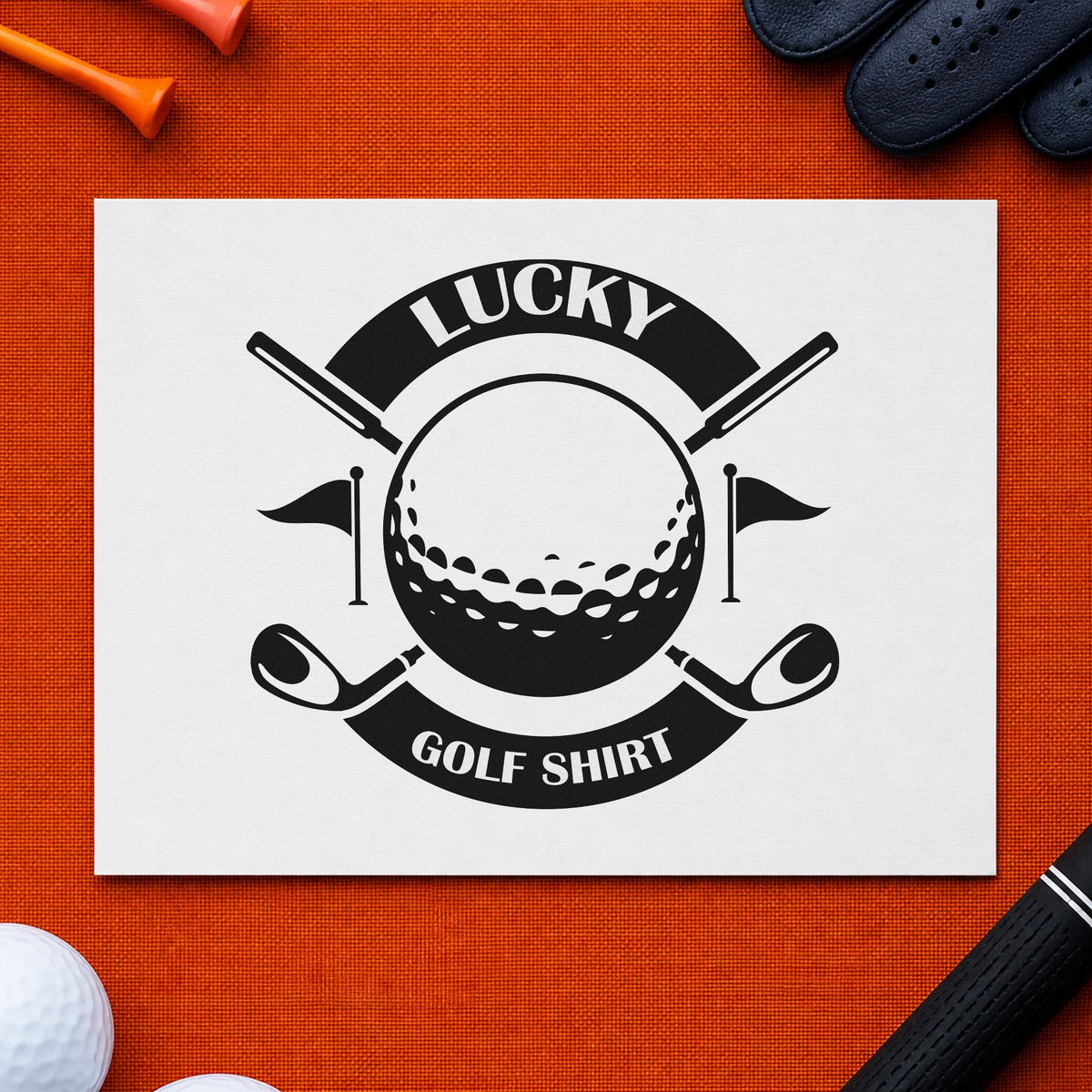 Lucky Golf Shirt Badge rubber stamp printed in black ink, ready for side flag cards and similar paper crafts.