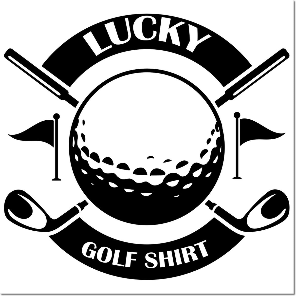 Black-and-white golf shirt stamp seal with crossed clubs, golf ball, and LUCKY/GOLF SHIRT text.