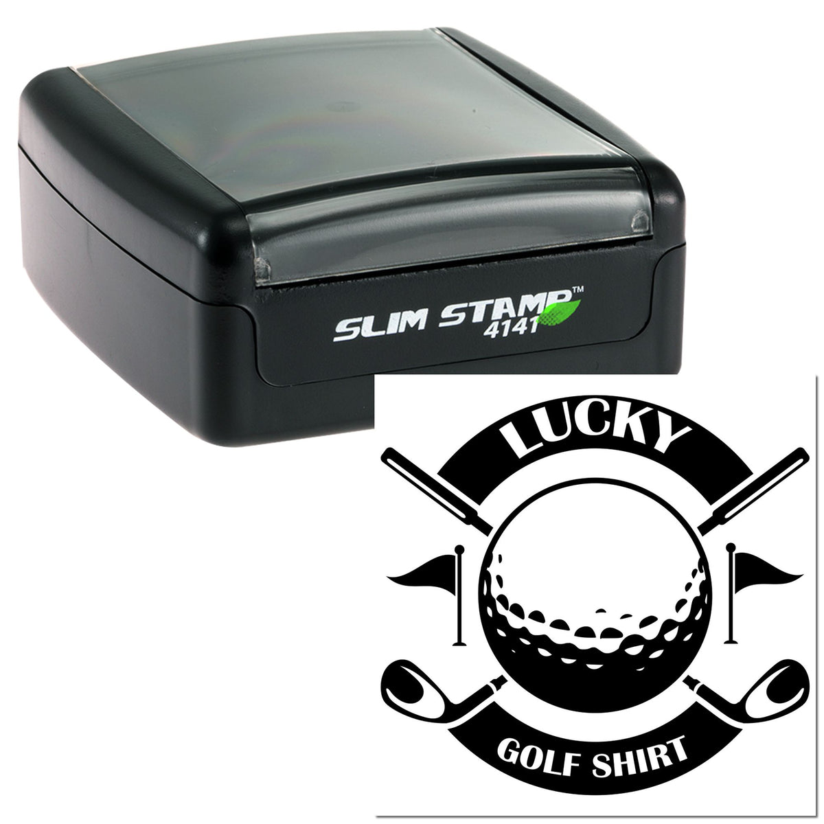 Black slim self-inking stamp with golf-themed seal reading LUCKY GOLF SHIRT, featuring crossed clubs, flags, and a golf ball.