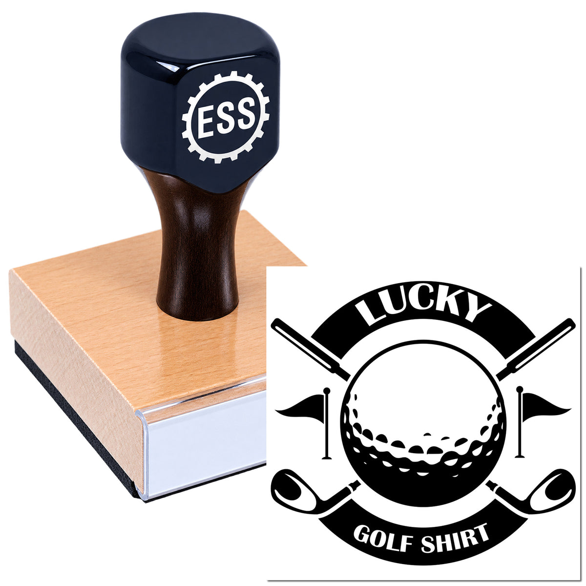 Dark navy custom stamp seal on a pink block, with black Lucky Golf Shirt golf emblem design.