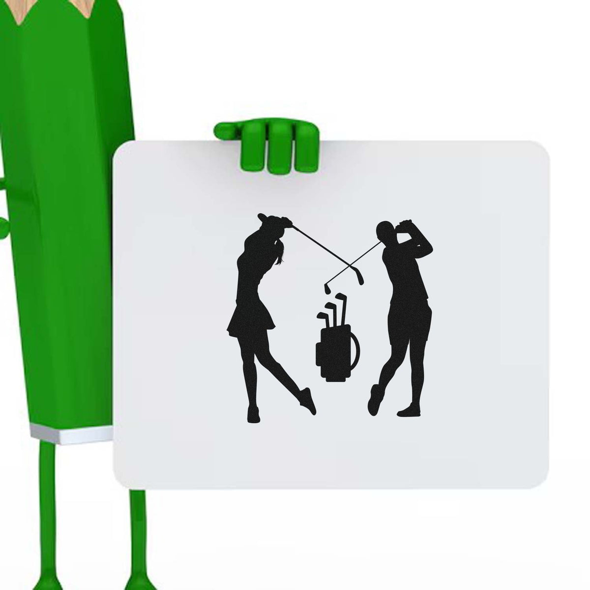 Green stamp and seal with white plaque, black golfer silhouettes, and golf bag icon.