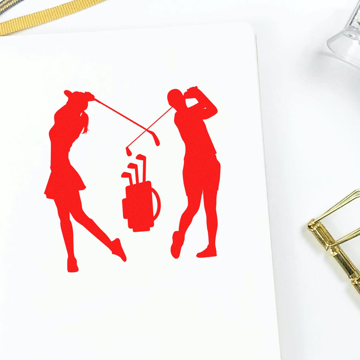 Red golf-themed stamp seal on white paper with two golfer silhouettes and a golf bag, plus gold accents.