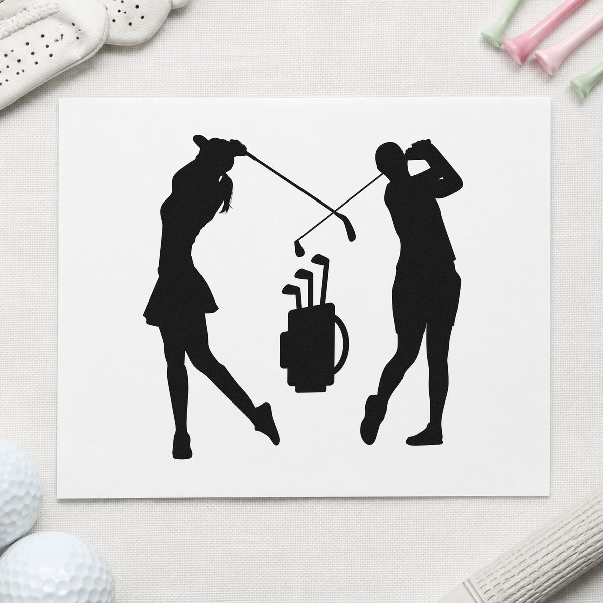 Two Golfers And Bag rubber stamp printed in black ink, ready for format score sheet and similar paper crafts.