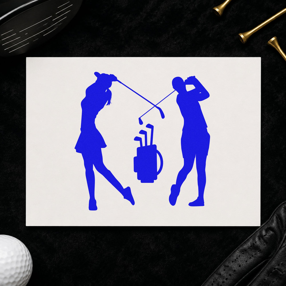 Two Golfers And Bag craft stamp in blue ink on cardstock, an easy option for twin towel printing.