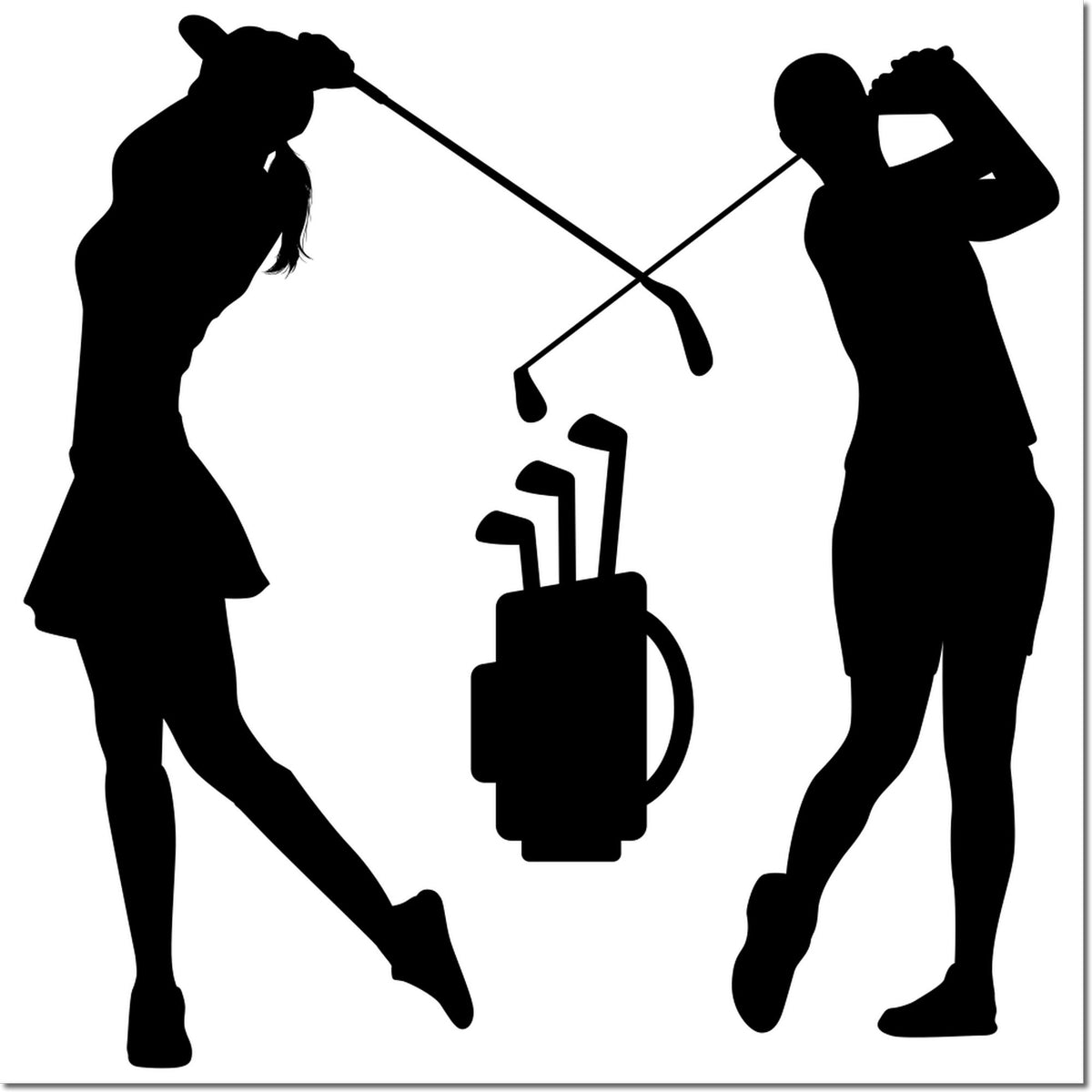 Black golf-themed stamp and seal design with two golfers, crossed clubs, and a golf bag on white.