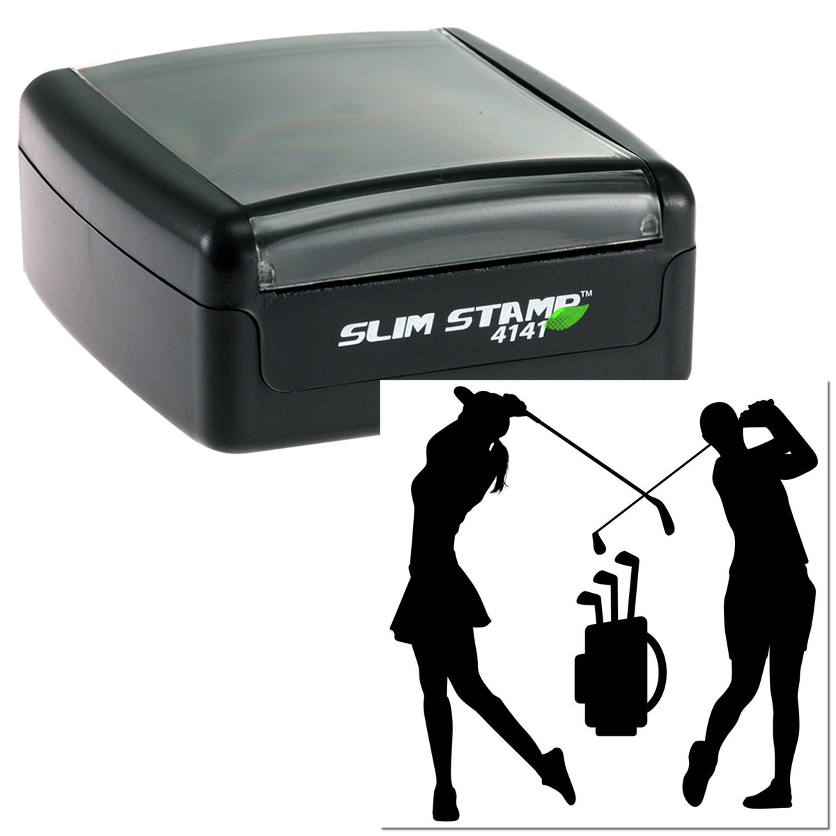Black Slim Stamp 4141 self-inking stamp and golf-themed seal products with golfer silhouettes and clubs