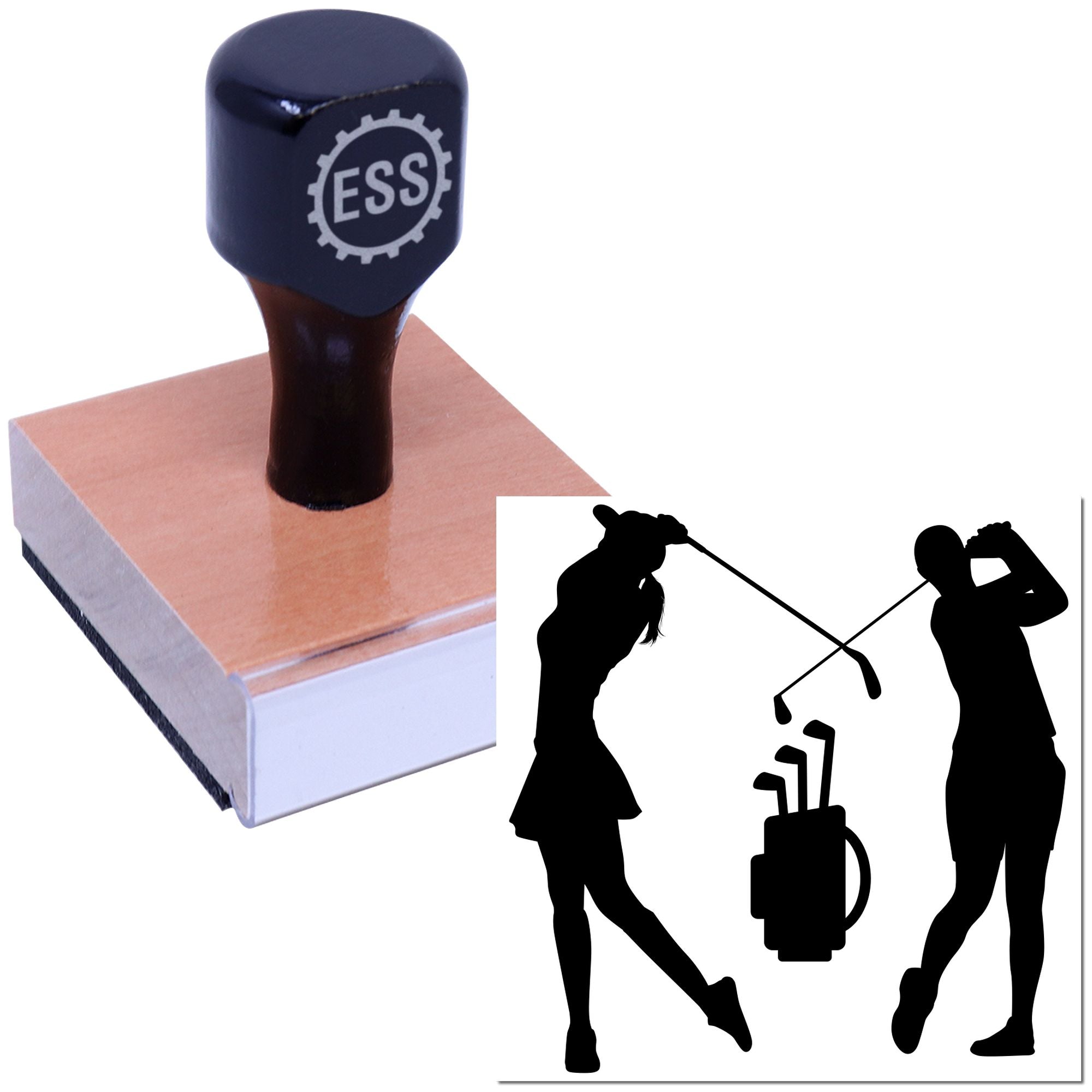 Dark blue ESS stamp seal on a copper-colored block, with golf swing silhouette graphic on a white background.