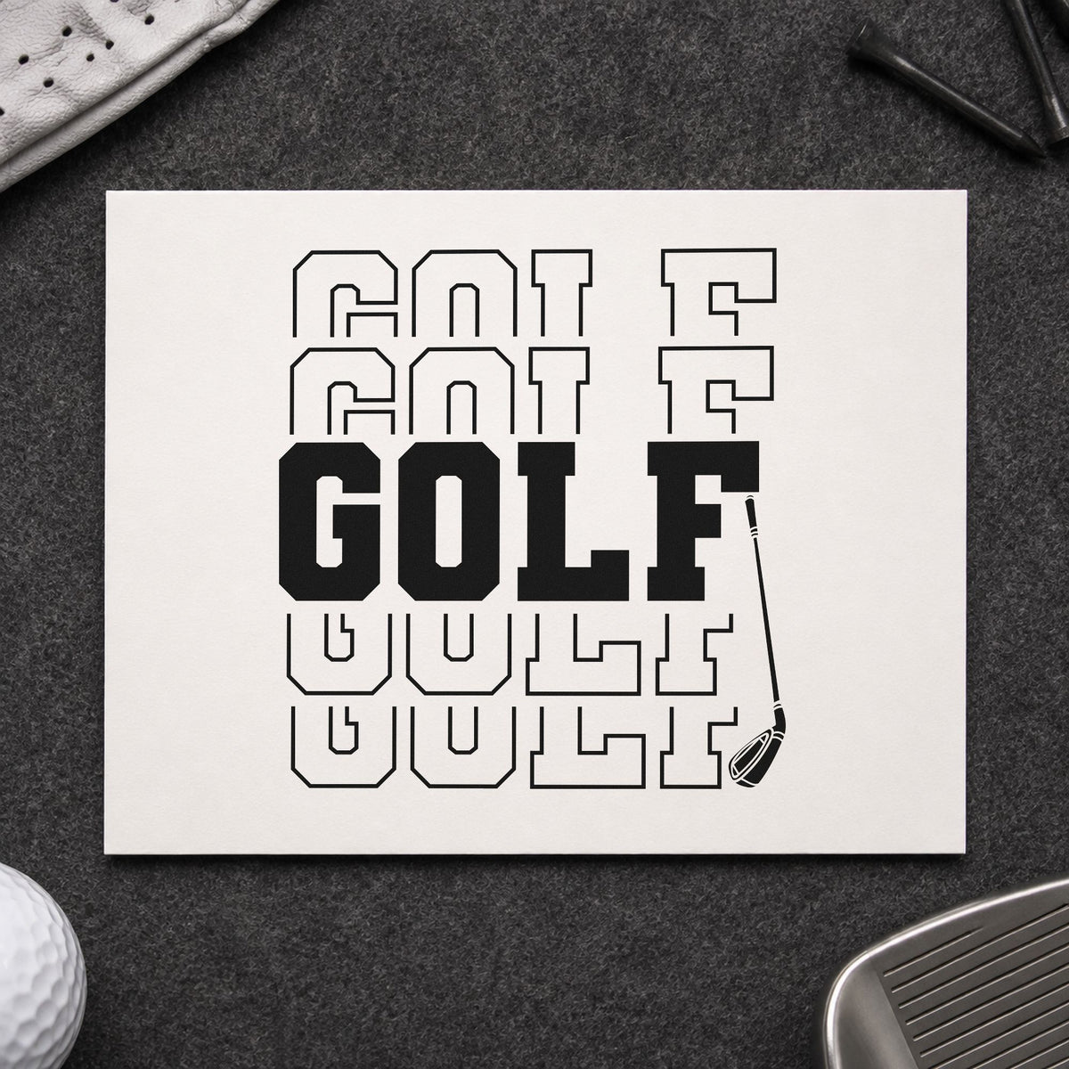 Repeated Golf Block Lettering craft stamp in black ink on cardstock, an easy option for sim league album page.