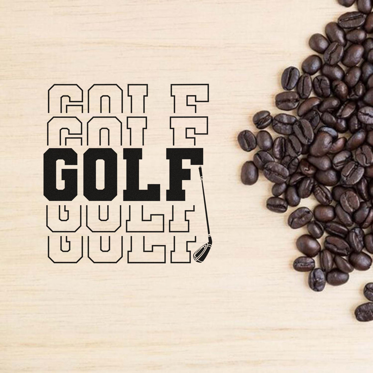 Black Golf Cult stamp and seal design with outlined lettering, golf club icon, and dark coffee beans on beige wood background.