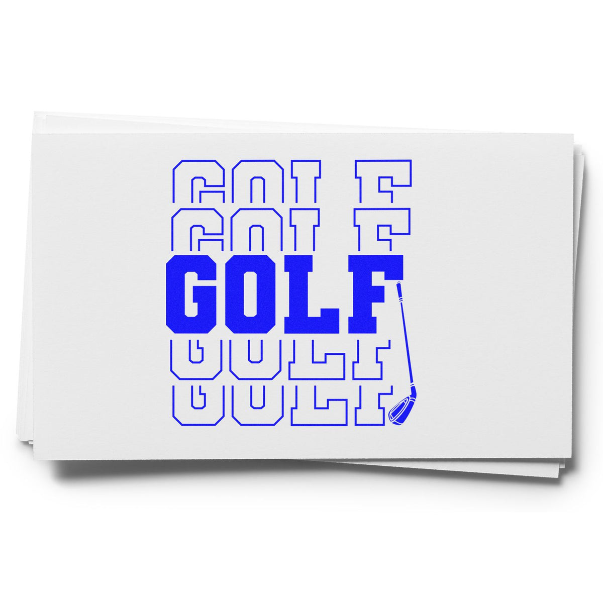 White stamp and seal cards with blue stacked GOLF lettering and a golf club icon.