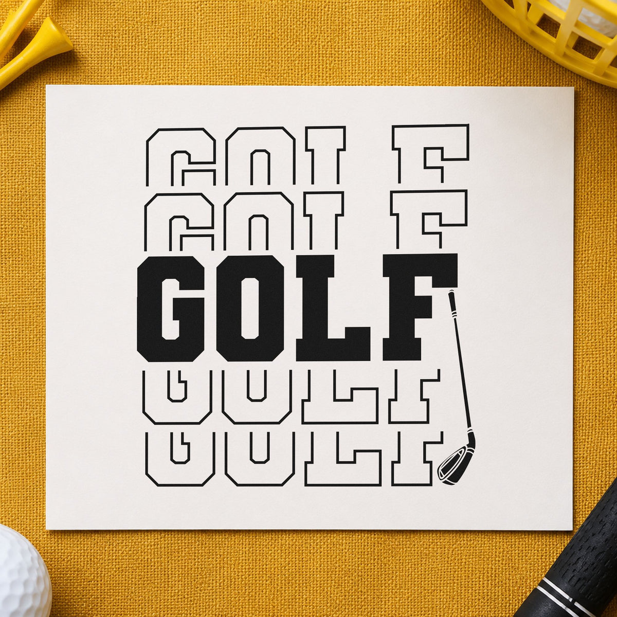 Repeated Golf Block Lettering craft stamp imprint in black ink on a handmade project, one idea being weekly prize tags.