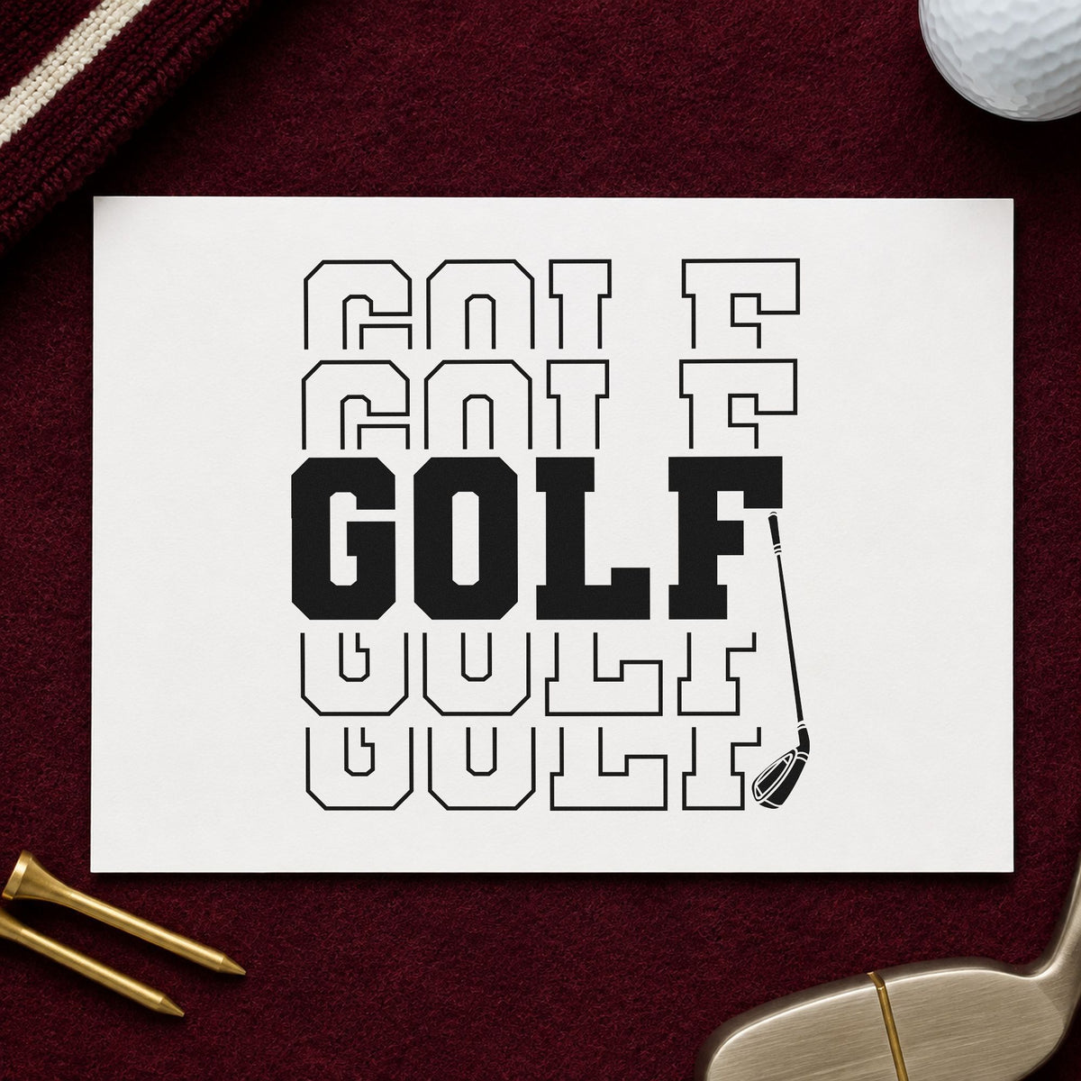 Repeated Golf Block Lettering rubber stamp printed in black ink, ready for weekly score sheet and similar paper crafts.