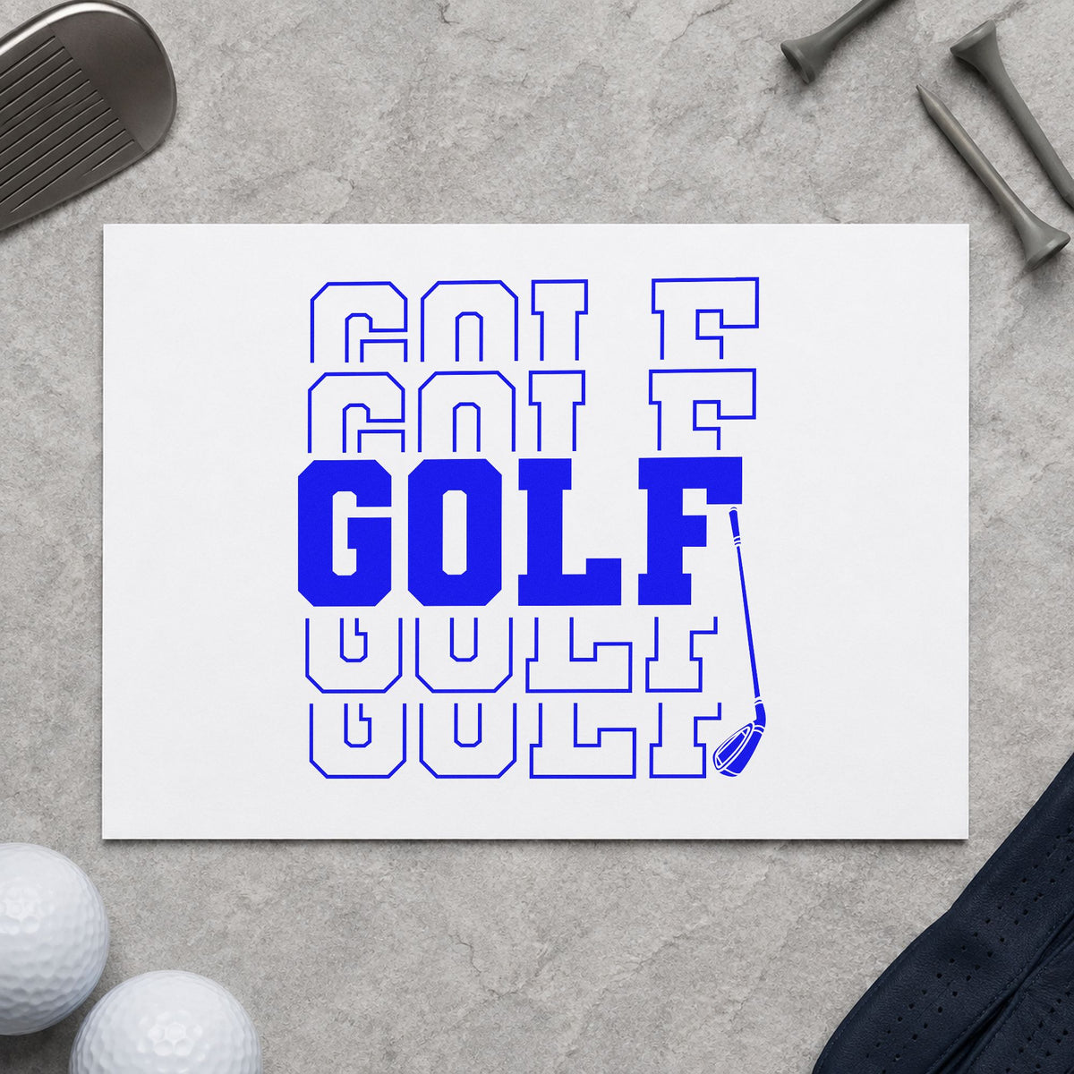Repeated Golf Block Lettering craft stamp in blue ink on cardstock, an easy option for bay curtain printing.