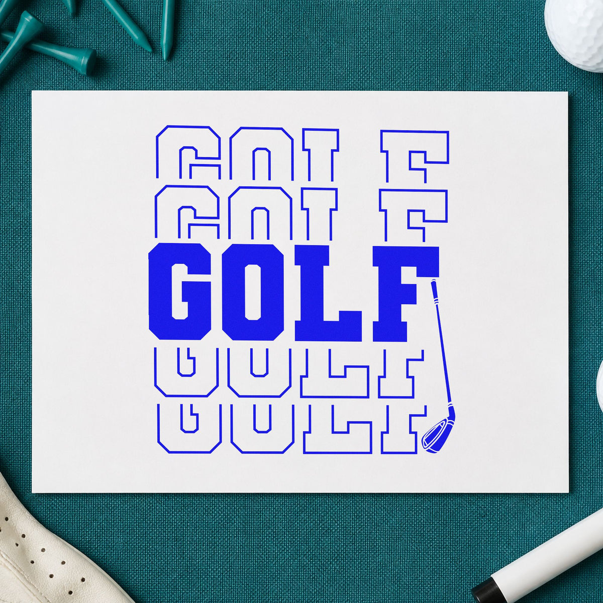 Repeated Golf Block Lettering craft stamp imprinted in blue ink on paper, a design suited to framed bar wall.