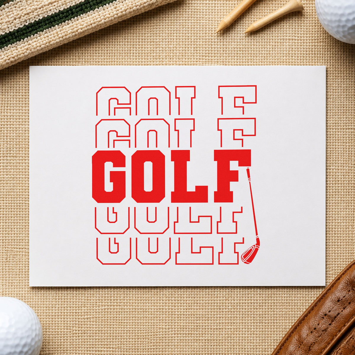 Repeated Golf Block Lettering rubber stamp shown in red ink, stamped for projects such as bay number labels.