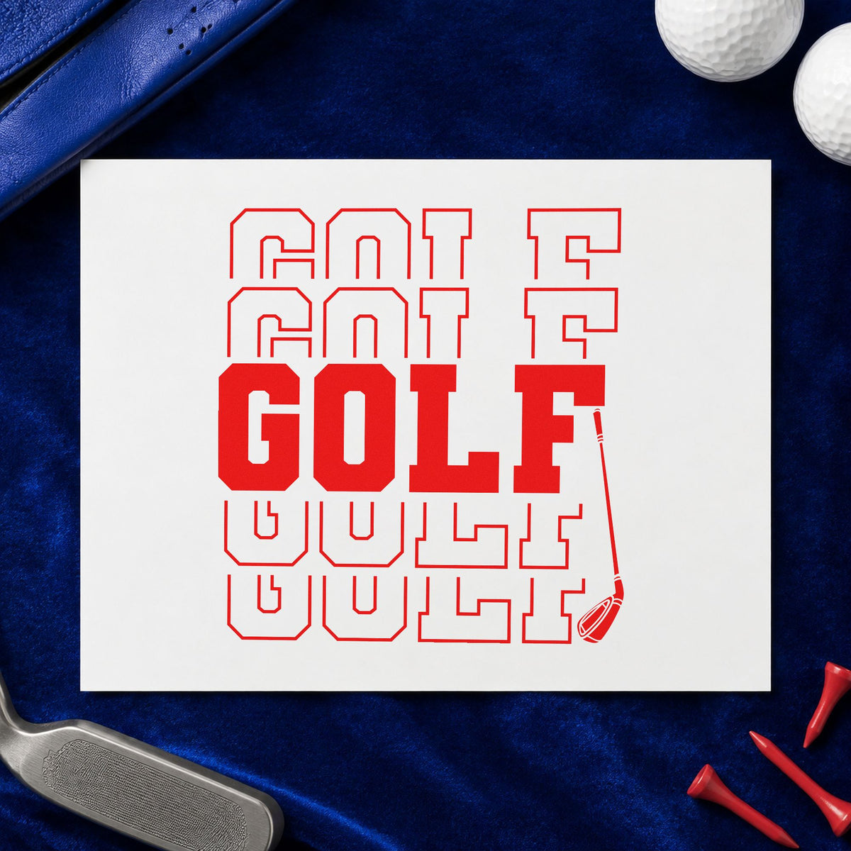 Repeated Golf Block Lettering craft stamp imprint in red ink on a handmade project, one idea being week format cards.