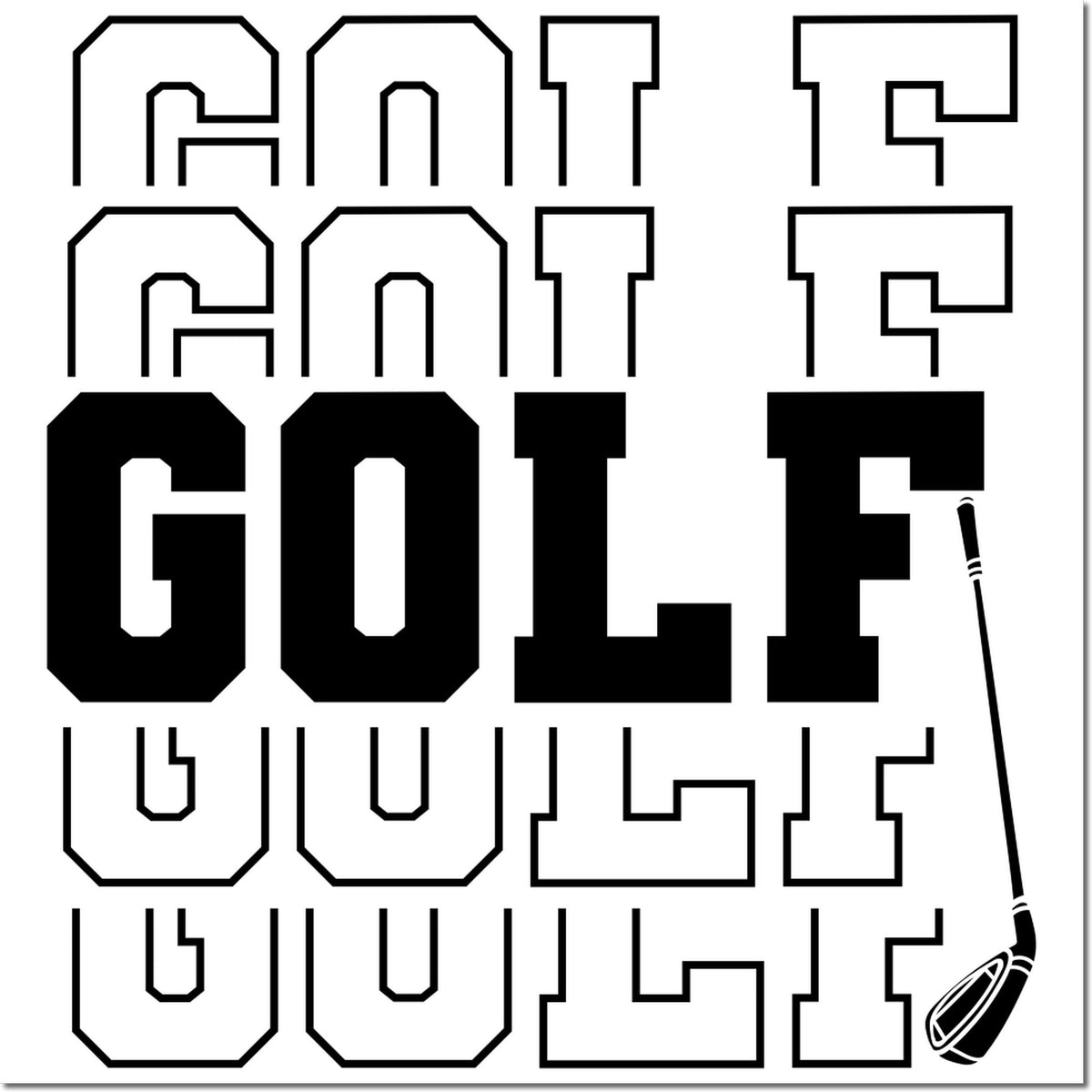Black and white golf stamp and seal designs with bold block letters, outlined variants, and a golf club and ball.