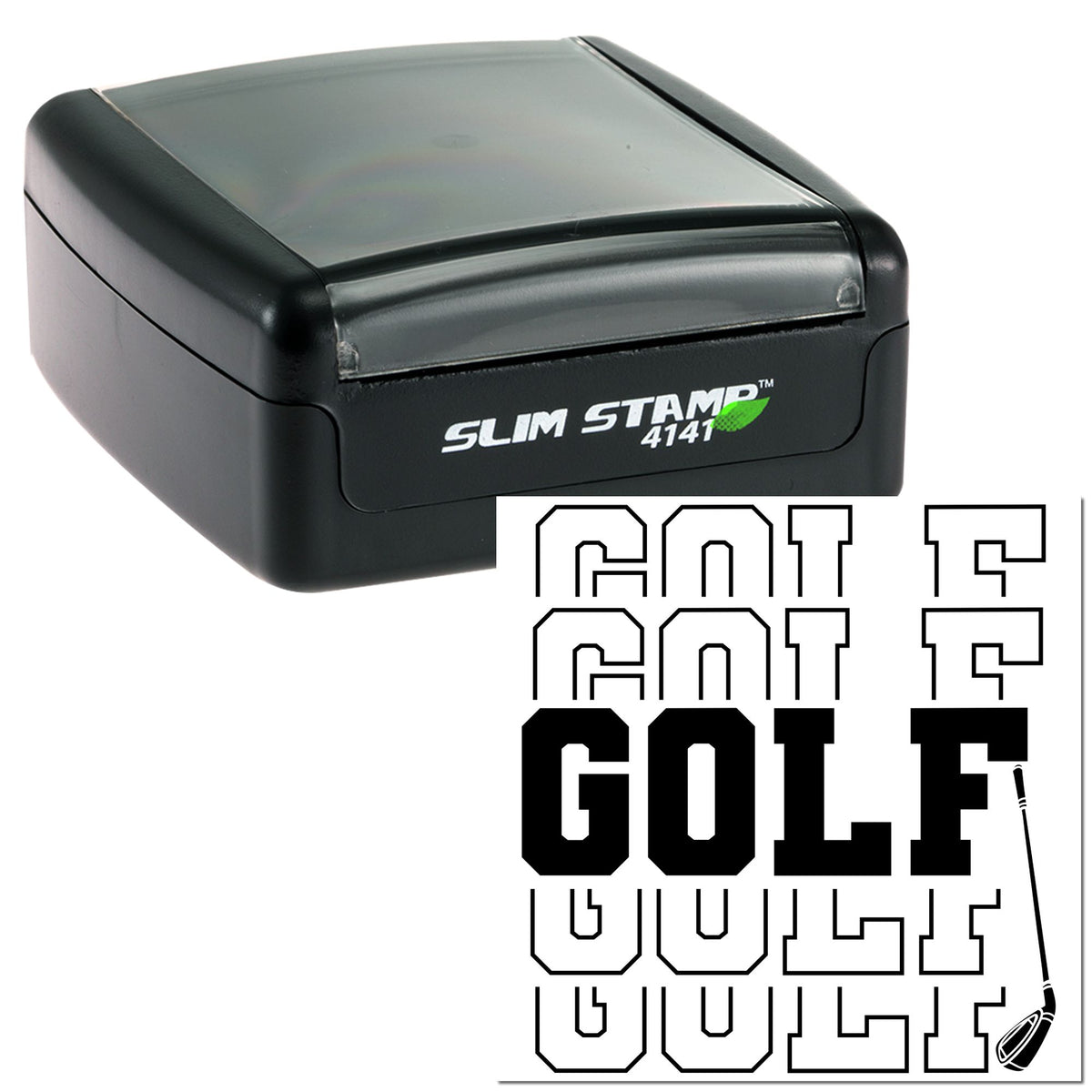 Black Slim Stamp 4141 with translucent gray cap and golf club seal designs in black outline and solid text.
