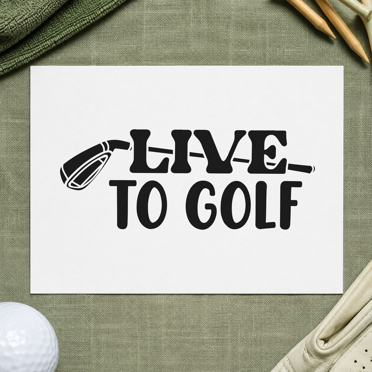 Live To Golf Club craft stamp in black ink on cardstock, an easy option for winter season album page.