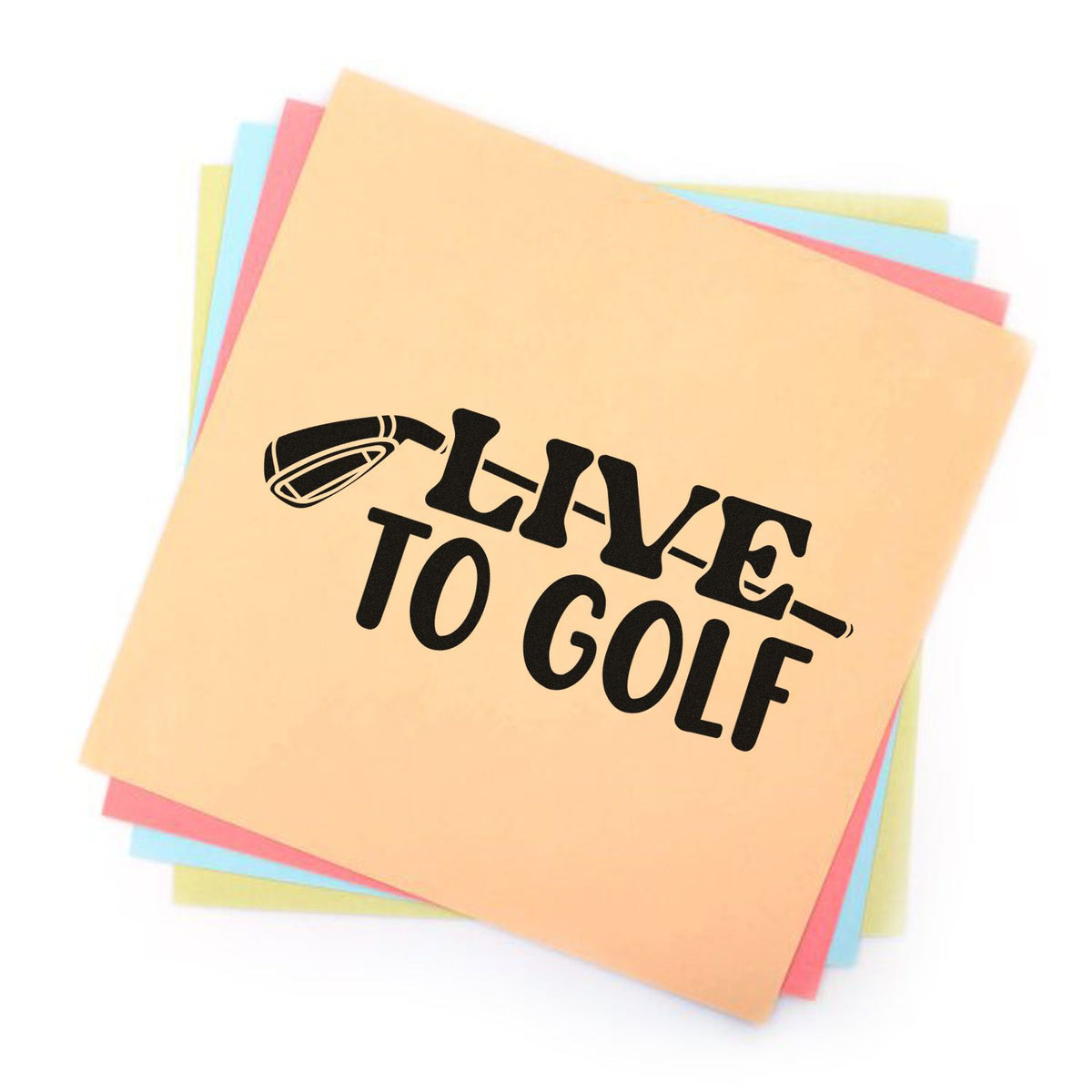 Pastel stamp and seal sticky notes with black LIVE TO GOLF text and golf club design