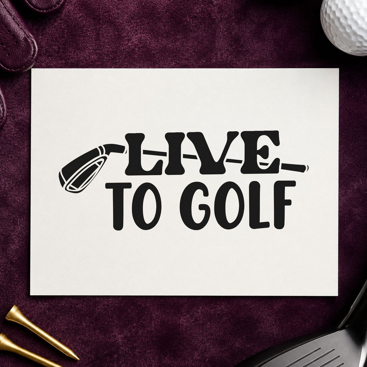 Live To Golf Club craft stamp imprint in black ink on a handmade project, one idea being arrival gift tags.