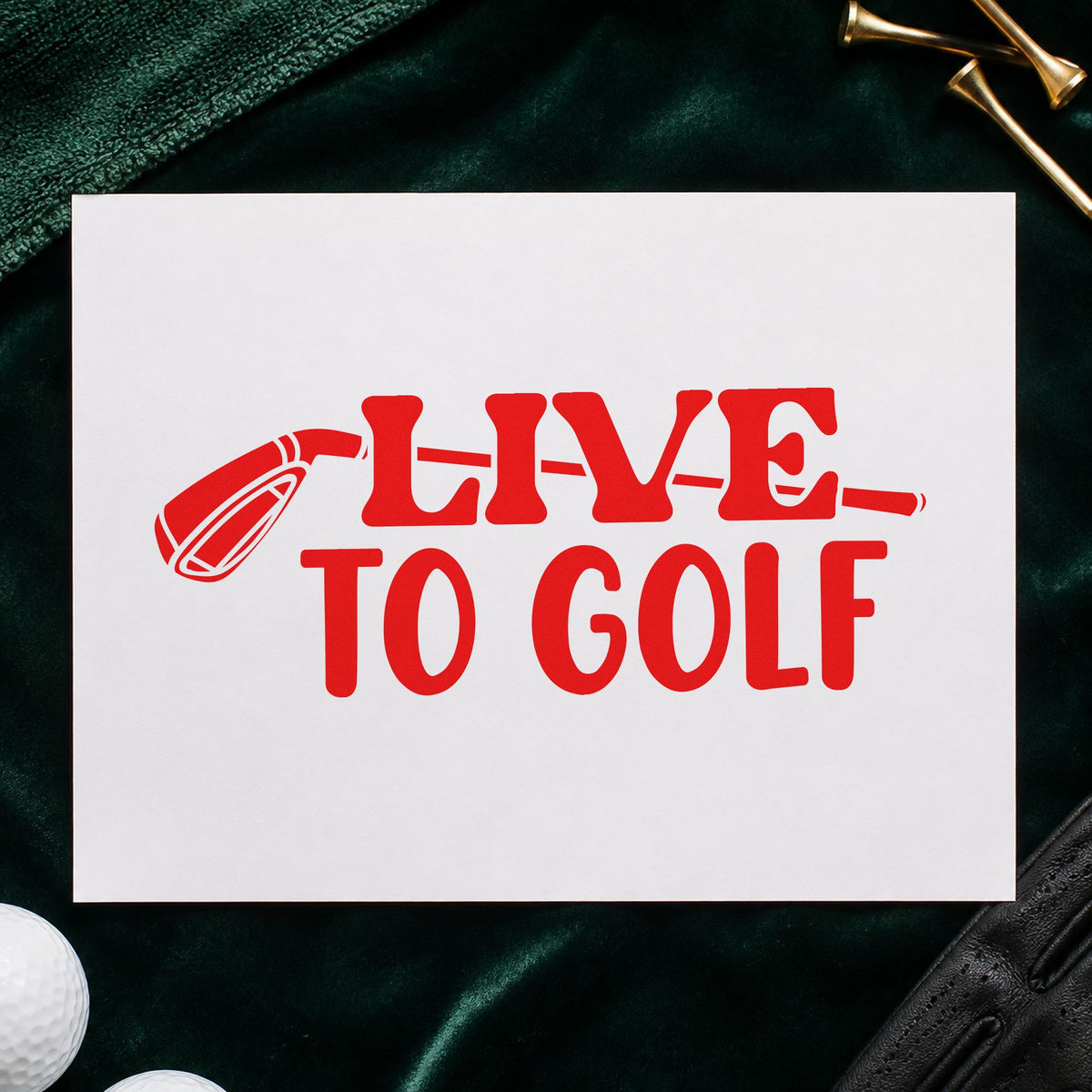 Live To Golf Club craft stamp imprint in red ink on a handmade project, one idea being course info cards.