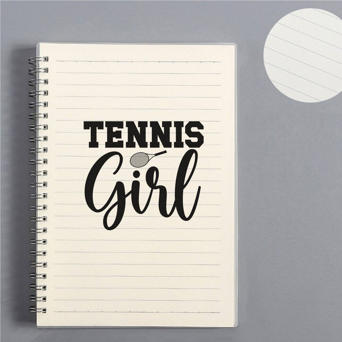 Black tennis girl stamp and seal on cream lined notebook paper with a tennis racket icon and spiral binding.