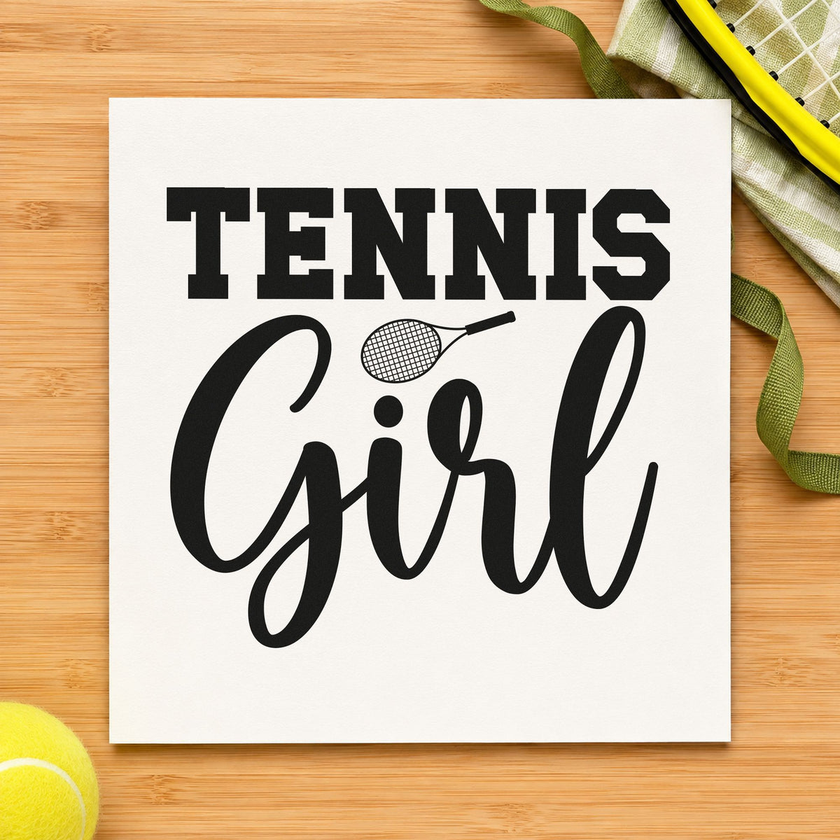 Tennis Girl Racket Lettering craft stamp imprint in black ink on a handmade project, one idea being grip pack gift tags.