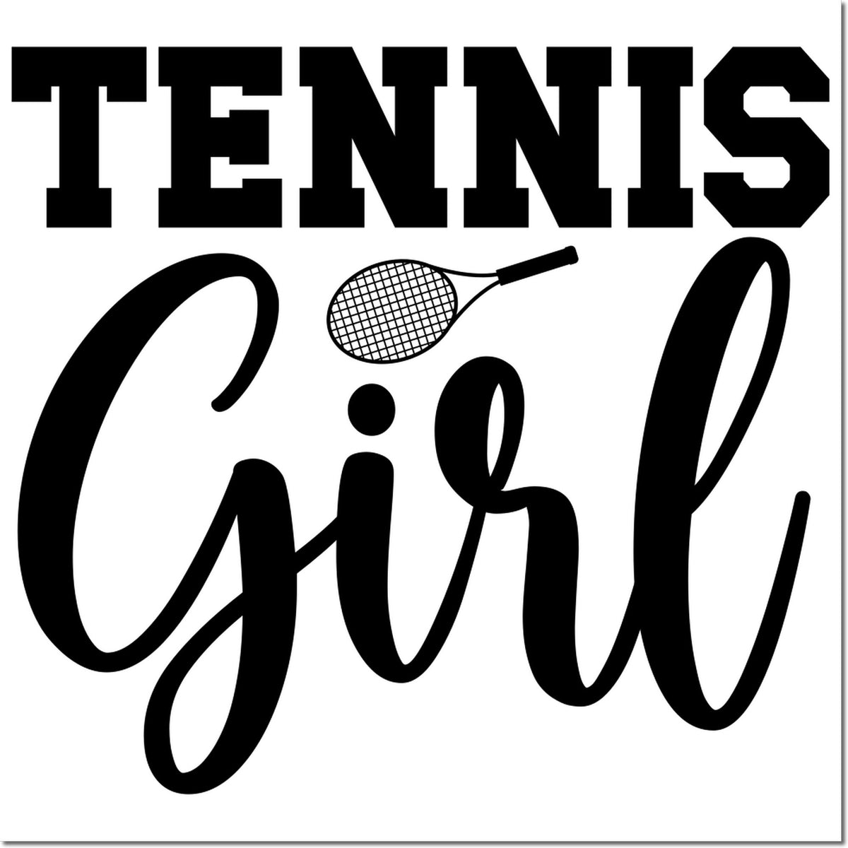 Black Tennis Girl stamp and seal design with bold block and script lettering, plus a tennis racket icon on a white background.