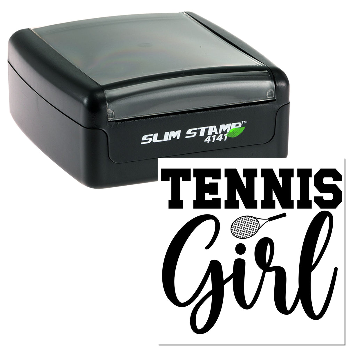 Black self-inking Slim Stamp 4141 seal with white Tennis Girl tennis design and green leaf accent