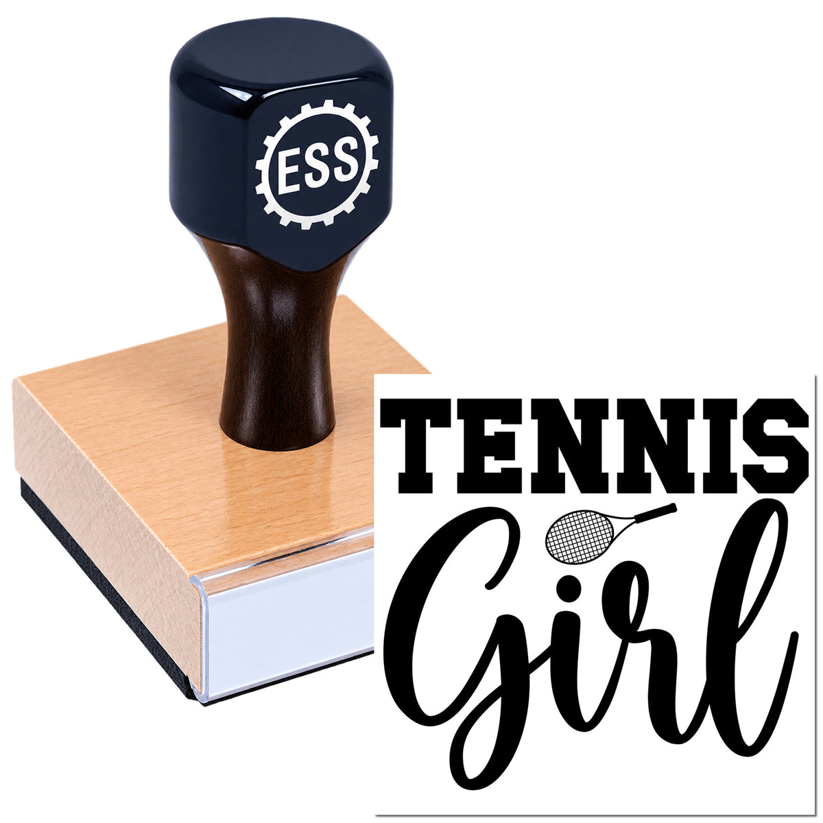 Black custom stamp seal on wooden block, pink base, with "Tennis Girl" logo and tennis racket icon.